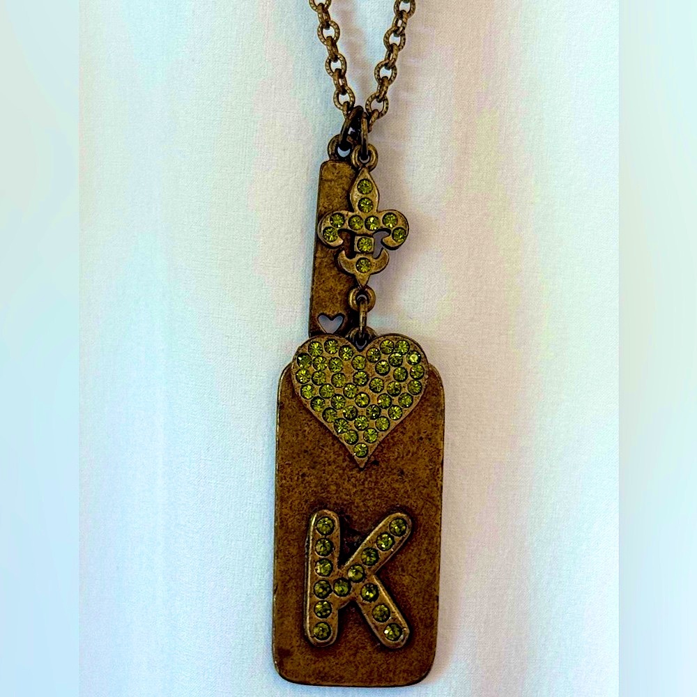 Bronze & Chartreuse  Fleur de Lis ‘K’ Rhinestone Dog-tag Pendant Necklace